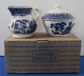 Lot 276- Churchill Blue Willow England Sugar Bowl & Creamer - New In Box -a