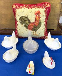Lot 48- Indiana Milk Glass Hen Chicken  On Nest Covered Dish Lot Rooster Needlepoint Pillow