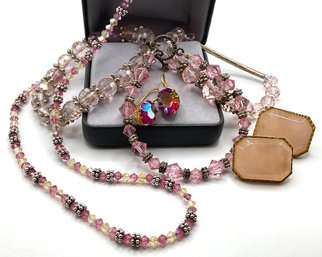 Lot 53- Love! Pink Crystal Bracelet Necklace Earring Lot Of 6