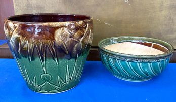 Lot 47- Gorgeous Robinson Ransbottom Co Glazed Heavy Sun & Moon Jardiniere Planter Pot Plus Pottery Bowl