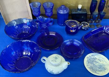 Lot 155- Cobalt Blue Glass Lot - Stemware Bowls Dish Tea Pot And More 22 Pieces