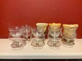 Lot 214- Vintage Etched Crystal Shrimp Cocktail Glasses Dishes Cups Set Of 7