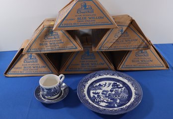 Lot 273- Churchill Blue Willow England 3 Piece Set For 7 - New In Boxes- Plate- Tea Cup And Saucer
