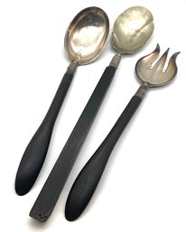 Lot SES- Vintage Nickel Silver Serving Spoons & Fork Black Wood Handles  Lot Of 3