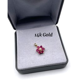 Lot 75- 14K Gold Flower Rubies Pendant - Pretty!
