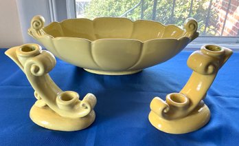 Lot 21- Yellow Abingdon Pottery Bowl And Candle Holders Set