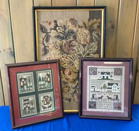 Lot 172- Cross Stitch Sampler Seasons & Embroidered Picture Lot Of 3