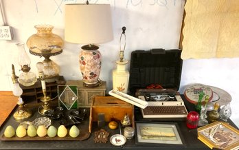 Lot 189 Table Lot #3 Lamps Brass Typewriter Wood Boxes Candles Etc