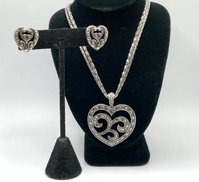 Lot 22- Be Mine! Costume Silvertone Necklace Heart Pendant Heart Earrings Set