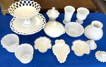 Lot 40- White Milkglass Vases Cake Stand Candle Sticks Dishes And More Lot Of 14