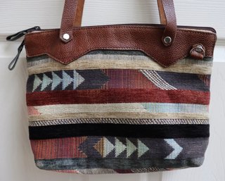 Lot CV1-  Southwestern Style Leather And Fabric Shoulder Tote Bag Purse