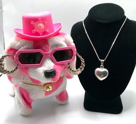 Lot 98- Sterling Silver Bubble Heart On Chain Hoop Earrings Pink Dancing Dog  Puppy
