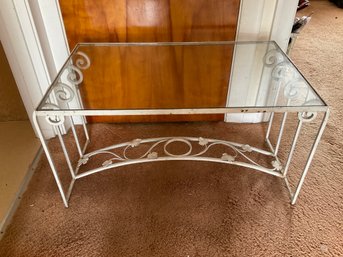 Lot 44- Awesome Vintage White Leaf Pattern Wrought Iron Glass Top Side Table