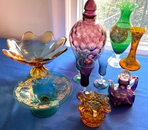 Lot 37- Stunning! Colored Glass Lot Ruffled Vase Decanter Vases Bowls 10 Pieces