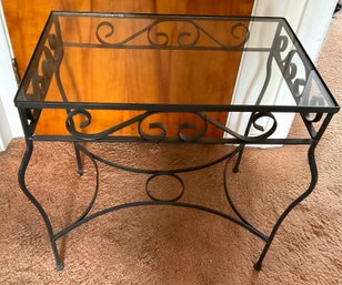 Lot 108- Vintage Black Swirl Wrought Iron Glass Top Side Table - Put A Plant Underneath!