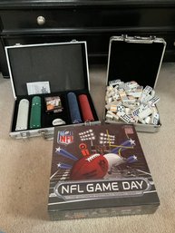 Lot 156- Poker Chips In Case - Dominoes - Sealed And New NFL Game Day Board Game