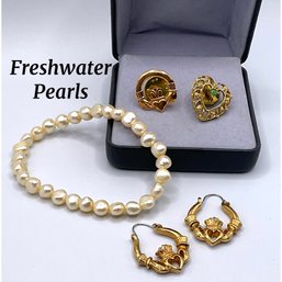 Lot 60- Irish Love! Freshwater Pearl Bracelet Claddagh Earrings Pin Lot - Valentines!