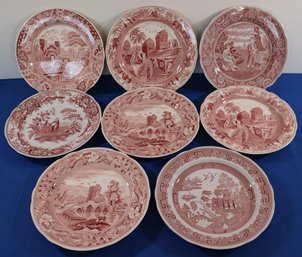 Lot 214- Red Spode Archive Collection Traditions Georgian Series Woodman Willow 8 Piece Lot- Dinner Plates