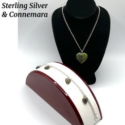 Lot 73- Irish Love! Sterling Silver Chain & Connemara Marble Heart Pendant With Matching Bracelet