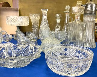 Lot 156- Vintage Cut Crystal And Clear Glass Decanter Pedestal Bowl Glasses Lot Of 25