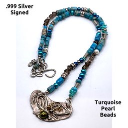 Lot 100- Unique .999 Silver Turquoise Pearl Bead Necklace Signed Zenobla