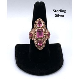 Lot 33- Sterling Silver With Pink Stones Cocktail Ring Size 9