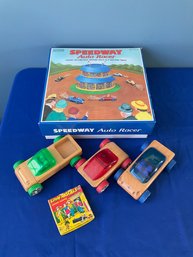 Lot 63- Speedway Auto Racer Tin Game Set  Calello 3 Wood Cars Little Rascals 8mm Home Movie
