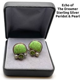Lot 109- Echo Of The Dreamer Sterling Silver Peridot Pearls Green Stone Earrings
