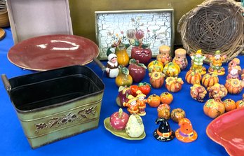 Lot 157- Fall Lot - Apples Pumpkins Salt And Peppers Tray Basket Halloween 24 Piece