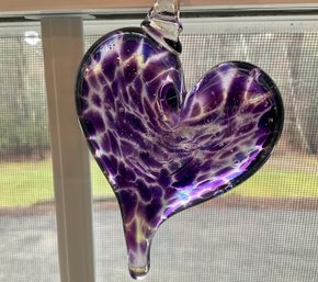 Lot 94- Signed Studio Glass Purple Hanging  Heart Decor