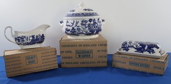 Lot 220- 1990s Churchill Blue Willow China 3 Piece Lot - Butter Dish - England - Gravy - Casserole -