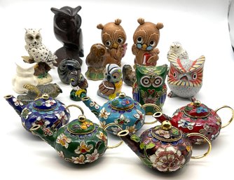 Lot 11- Vintage Lot Of Owls & Enamel Tea Pots Figurines 1 Bird