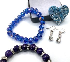 Lot 62- I Love Blue! Crystal Bracelet Shimmer Heart Pin Lapis Bracelet Napier Earrings Lot
