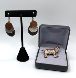 Lot 10- Copper Retriever Dog Pin & 3 Tone Copper Earrings