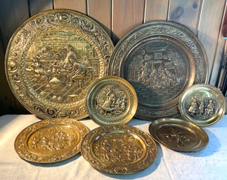 Lot 79- Lot Of Colonial Scene Brass Plate Wall Hangings - 7 All Sizes