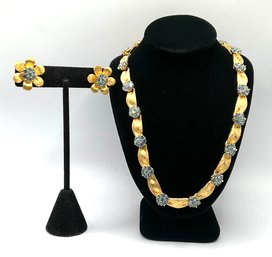 Lot 15- Trifari Signed Vintage Blue Crystal Rhinestone Necklace & Earring Set Goldtone Costume