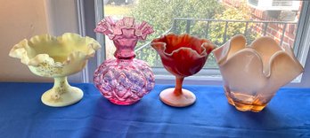 Lot 22- Signed Fenton Pedestal Dish Cranberry Ruffled Vase Imperial Lot Of 4