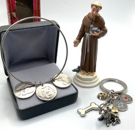 Lot 65- Saint Frances Desk Top Statue I Love My Dog Keychain Bracelet
