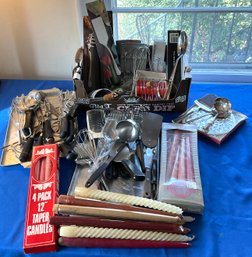 Lot 20- Kitchen Drawer Utensil Lot & Candles Tapers