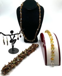 Lot 116- Crystal Jewelry Lot - Yellow Bracelet 2 Pair Earrings Necklace Beaded Bracelet