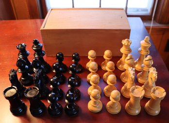 Lot 119- Vintage Large Wooden Chess Pieces Complete In Box - Excellent Condition!