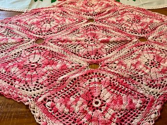 Lot 109SES- Pink Crocheted Runner & Red Roses Runner Linens Lot Of 2