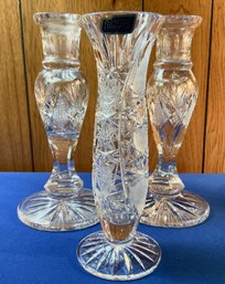 Lot 197- Violetta Hand Cut Polish Crystal Vase And Candle Sticks