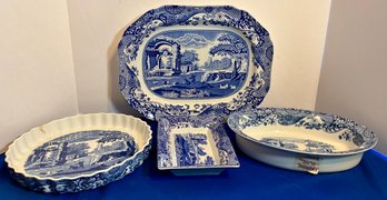 Lot 30- Spode  Italian  Blue & White Platter, Dish, Bowl ,quiche Lot Of 4 Tableware