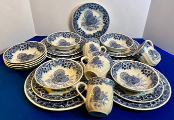 Lot 34- Churchill China - Blue & White  Thanksgiving Turkey Dishware Set -22 Pieces