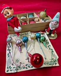 Lot 333SES - Mid Century Small Ornaments - Original Vintage Elf On A Shelf - 1940s Pinecone Elf Ornament