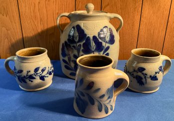 Lot 210- Salmon Falls Pottery Lot - Coffee Mugs & Cookie Jar Stoneware
