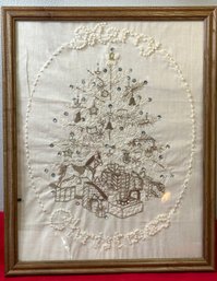 Lot 349SES - Antique Scene French Knots Whites Silver Grey Merry Christmas Tree Embroidery 12x15