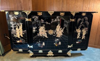 Lot 2 - EXCEPTIONAL! Asian Mother Of Pearl Credenza Sideboard Bar - Black Lacquer & Brass Hardware