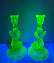 Lot 353SES -pair Of  Koi Fish Uranium Green Depression Glass Candle Holders